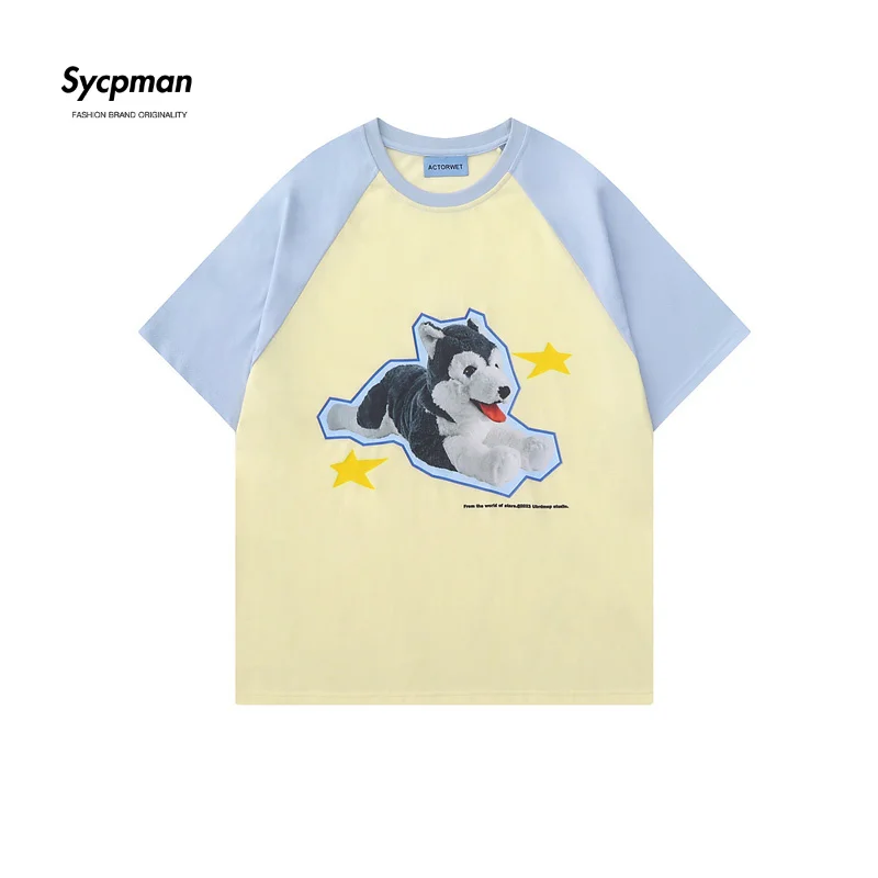 

Sycpman Summer Funny Animal Print Color Block Short Sleeve T Shirt Men Loose Couple Academy Style Tees