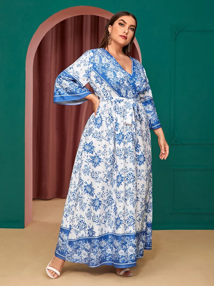 Платье-рубашка с этническим принтом Рамадан ИД абайя кимоно V-образным вырезом