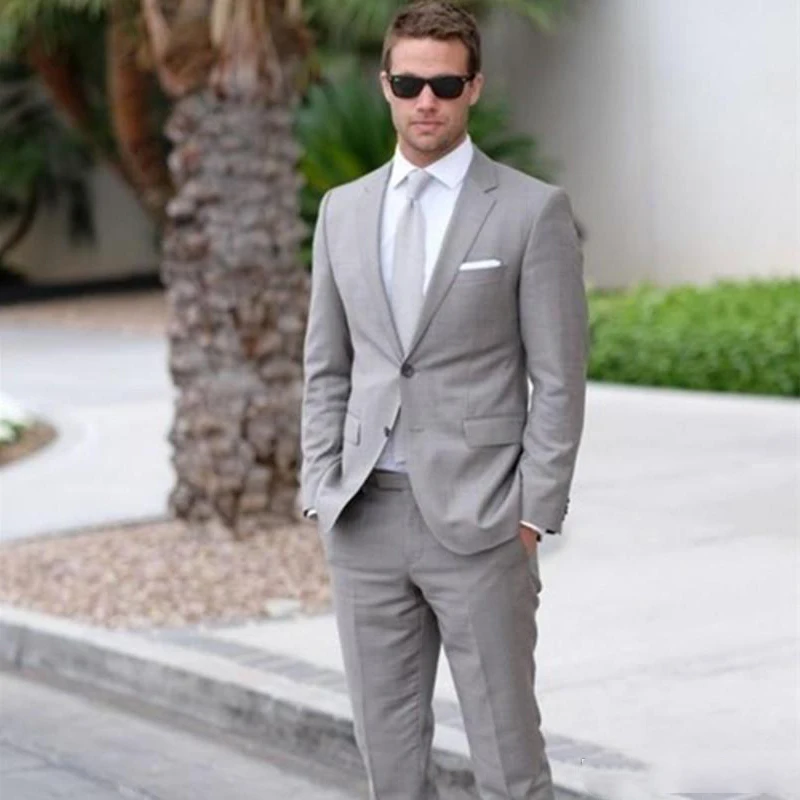 

2 Pieces Light Gray Mens Groom Tuxedos Wedding Suits for Men British Style Custom Made Costume Hommes Blazer Jacket+Pants