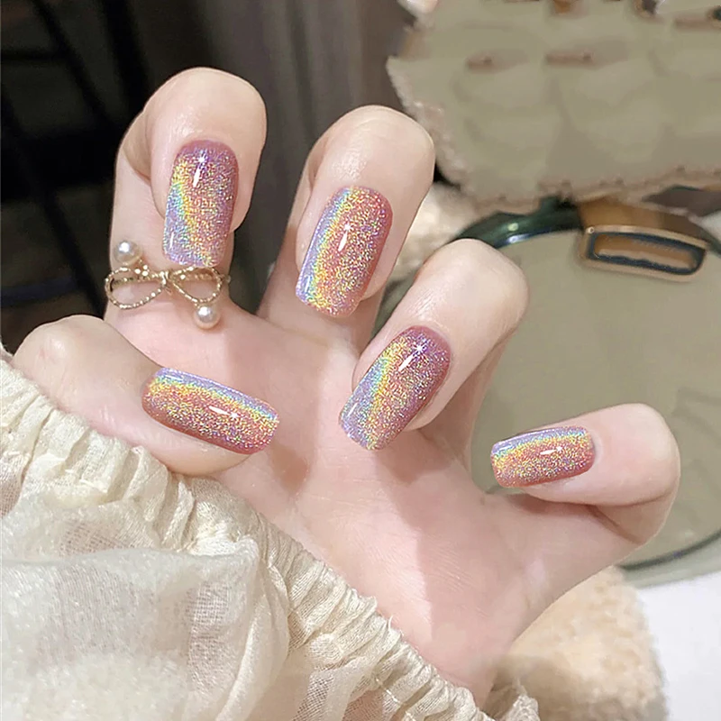 

24PCS Fashionable Pink Metal Fake Nail press on Wearable Square Shape Glue model Decorated Finished Fake Nail with glue Product