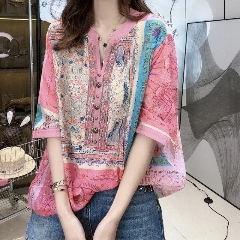 

Female Clothing Chic Diamonds Commute All-match V-Neck Blouse Vintage Button Folk Printed Shirt Summer Casual Loose Half Sleeve