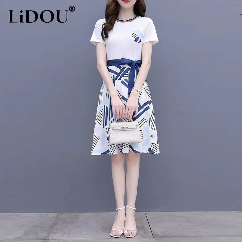 Женское платье с бантом и коротким рукавом повседневное ТРАПЕЦИЕВИДНОЕ ПЛАТЬЕ