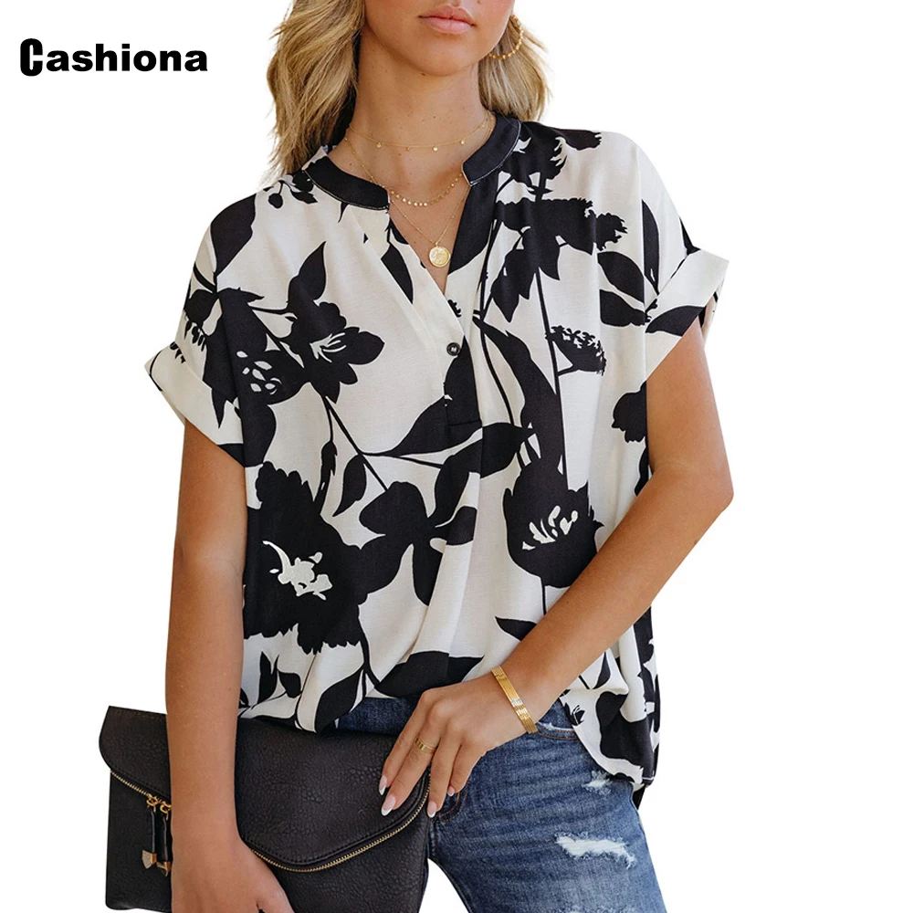 Women Elegant Boho Flower Print Blouse Women's Single Button Top Short Sleeve Pullovers 2022 Summer Casual V-neck Shirt Clothing