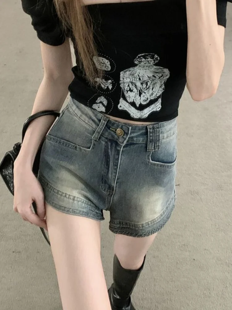HOUZHOU Vintage Kpop Jeans Shorts Korean Style High Waist Distressed Denim Short Pants Female Harajuku Streetwear American Retro