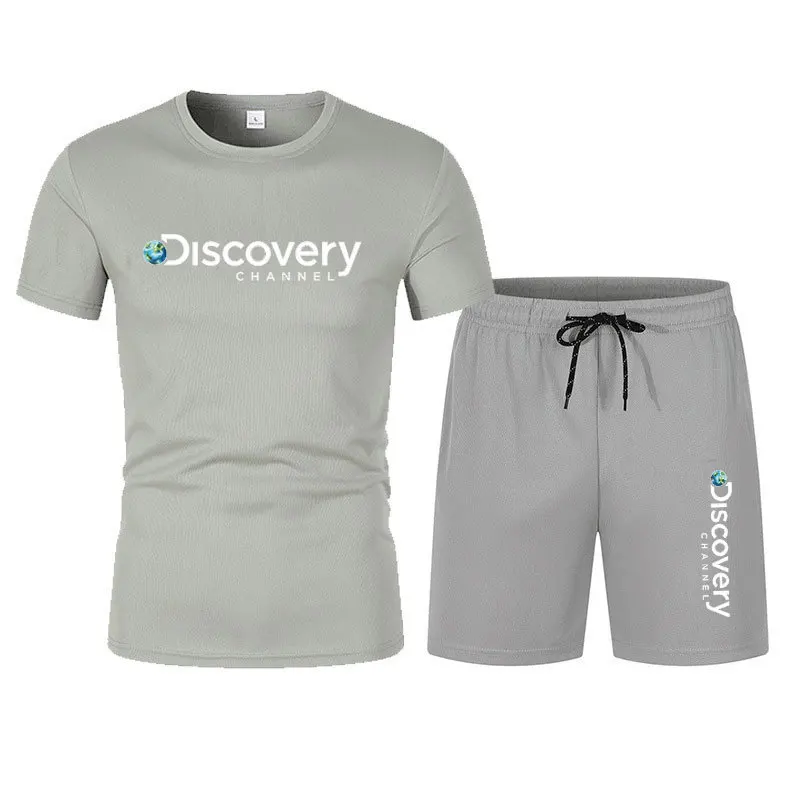 

Летний мужской спортивный костюм Discovery Channel, Сетчатая футболка с коротким рукавом, из двух частей, свободный Быстросохнущий костюм большого размера