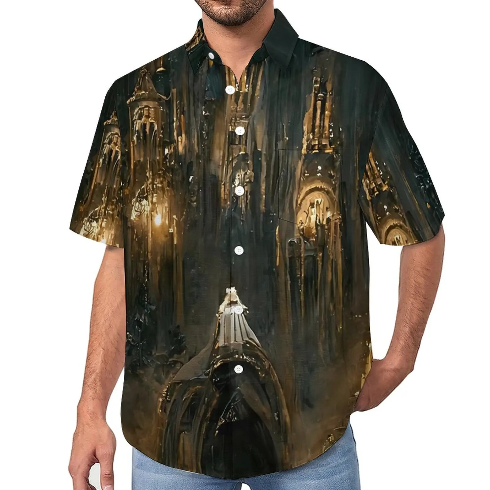 

Gothic Church Loose Shirt Male Vacation Vintage Print Casual Shirts Summer Custom Short Sleeve Trending Oversize Blouses