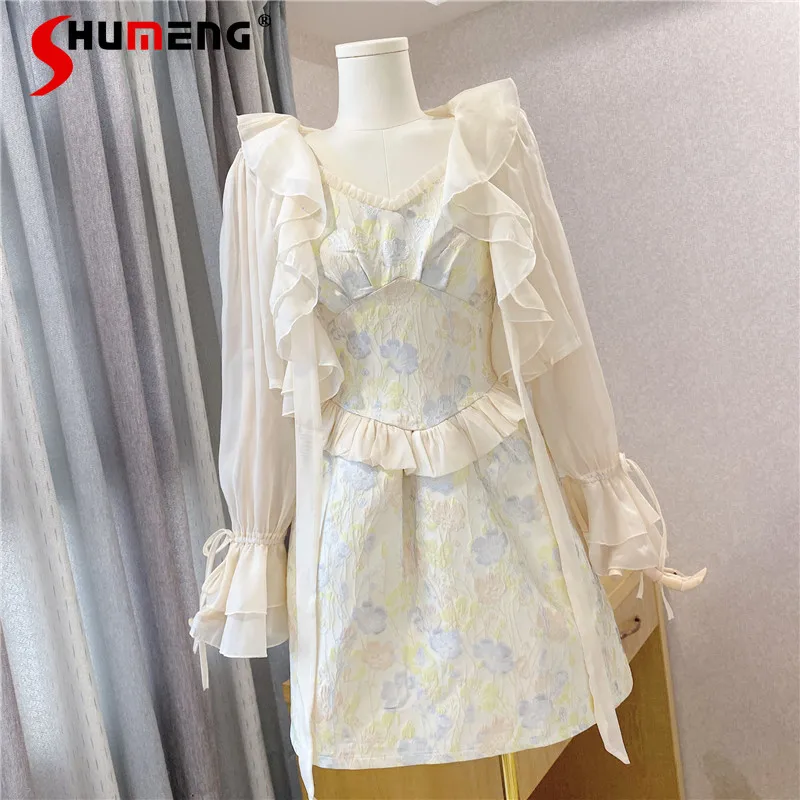 

2022 Spring New Chiffon Sun Protection Shirt Women Off-Shoulder Strap Printted Fashion Slim Waist Puffy Midi Dress 2-Piece Set