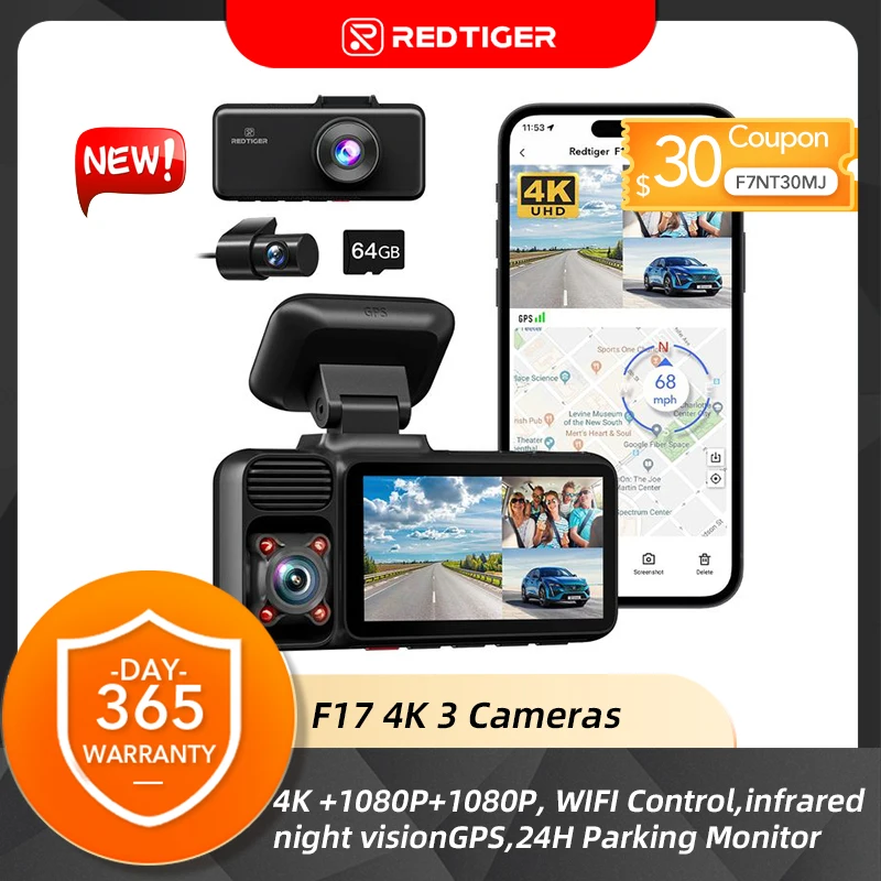 

REDTIGER F17 3-канальная Автомобильная камера 4k видеорегистратор для IR ночного видения Автомобильный видеорегистратор для 5G WiFi тройные автомобильные камеры GPS WDR