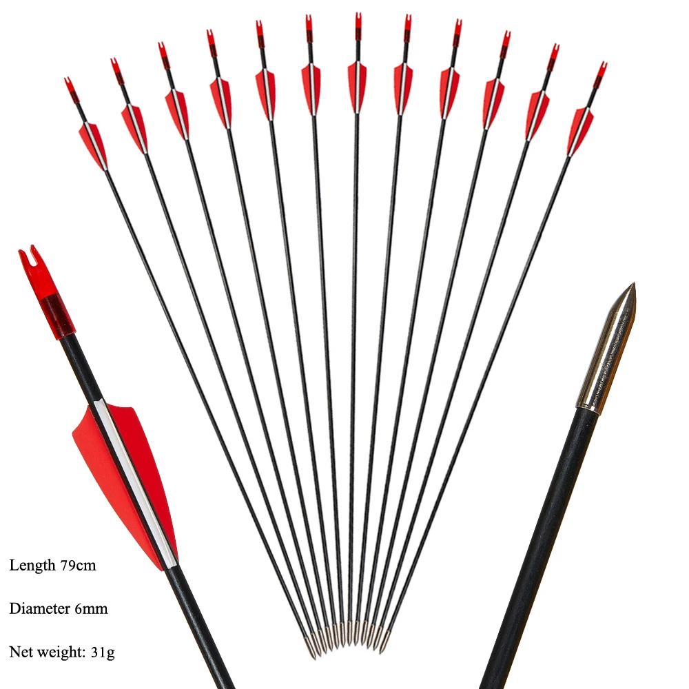 

Стрелы из стекловолокна для охоты, стрелы для рекурсивного лука, 31 дюйм, диаметр 6 мм, 3 дюйма, 2 красных, 1 белый, 6 шт./12 шт.