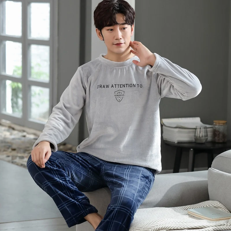 

2022 Winter Long Sleeve Thick Warm Flannel Pajama Sets for Men Korean Loose Coral Velvet Sleepwear Pyjamas Homewear Home Clothes