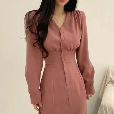 

Chic Korean V-neck Solid Color Temperament Waist Slim Mid length Dress