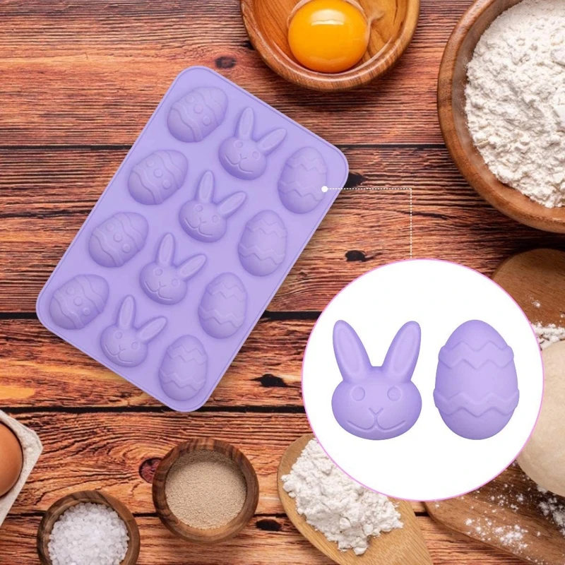 

12 Cavities Chocolate Moulds Fondant Molds Candy Mold Easter Rabbit Egg Shape Design Silicone Material Gift for Children B03E