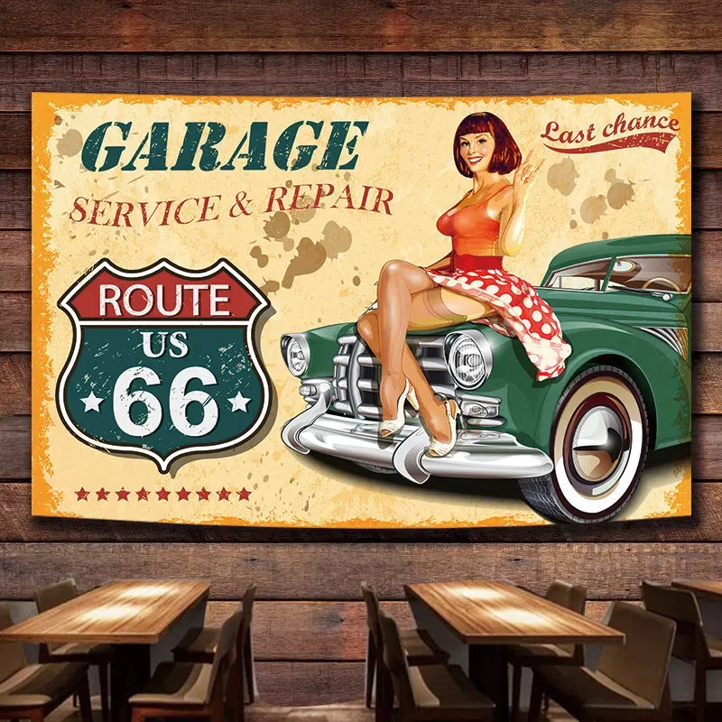 

US 66 ROUT Vintage Car SERVICE & REPAIR Poster Tapestry Pin Up Girl Flag Wall Painting GARAGE Auto Repair Shop Wall Decor Banner