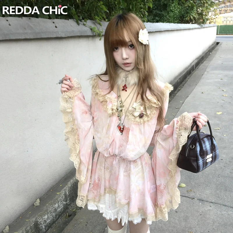 Фото ReddaChic Stitch кружевная блузка с рюшами Лолита Cutecore тонкая цветочная повязка с длинными расклешенными рукавами свободный струящийся топ винтажная женская одежда №1