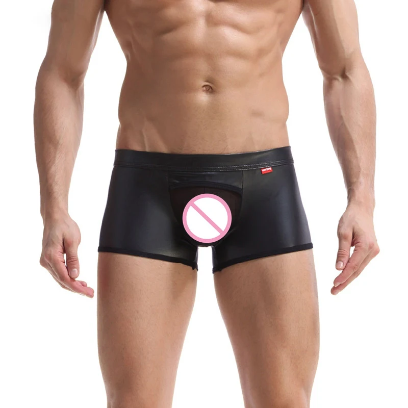 

AIIOU Mens Underwear PU Leather Boxers Mesh Transparent Pouch Trunks Shorts Gay Panties Temptation See Through Erotic Lingerie