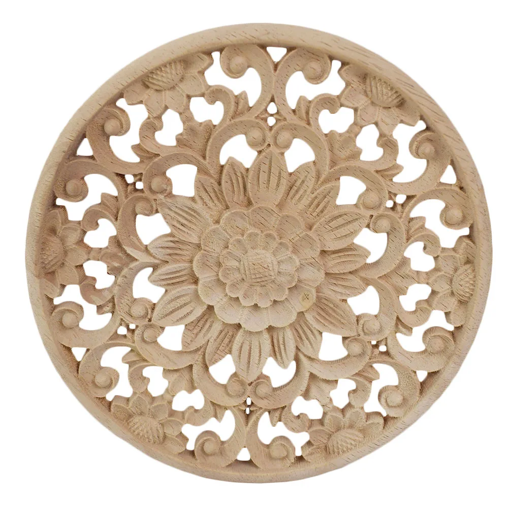 

2PCS 10/15/20/24/30cm Carved Flower Round Wood Appliques for Furniture Cabinet Unpainted Wooden Mouldings Decal Decor Figurines