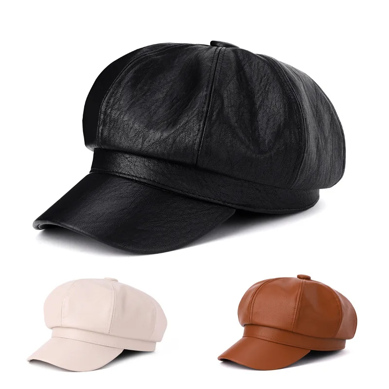 Octagonal cap autumn and Winter Faux Leather handsome Beret Korean version autumn and winter leather cap octagonal women cap