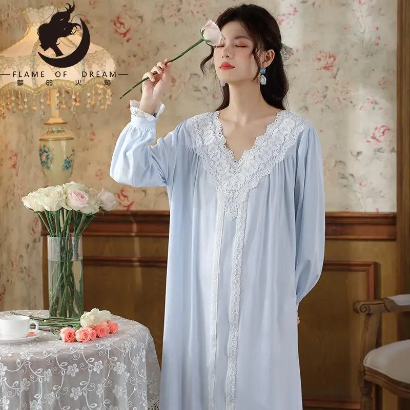 Flame Of Dream Long Sleeved Nightdress Women's Spring Cotton Court Style Retro Lace Princess Pajamas Loose Large 1541