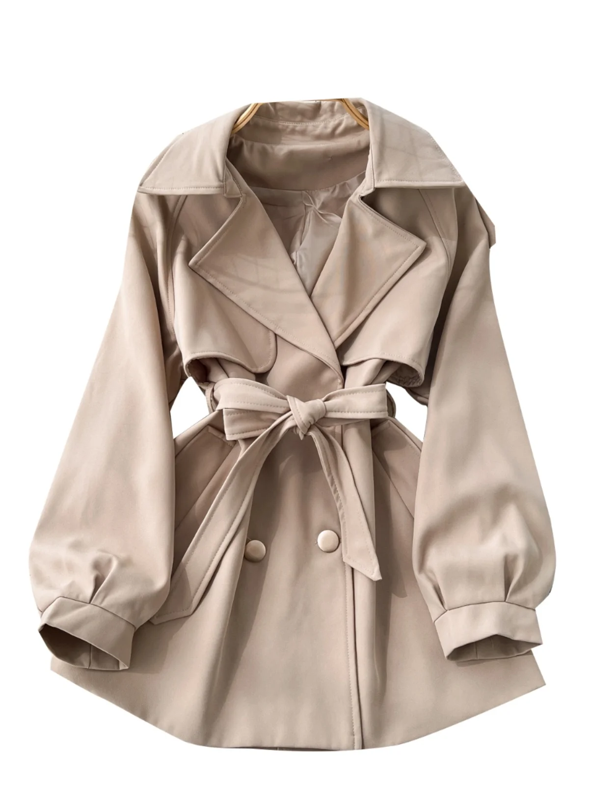 Женский двубортный тренчкот с поясом ветровка отложным воротником и длинным