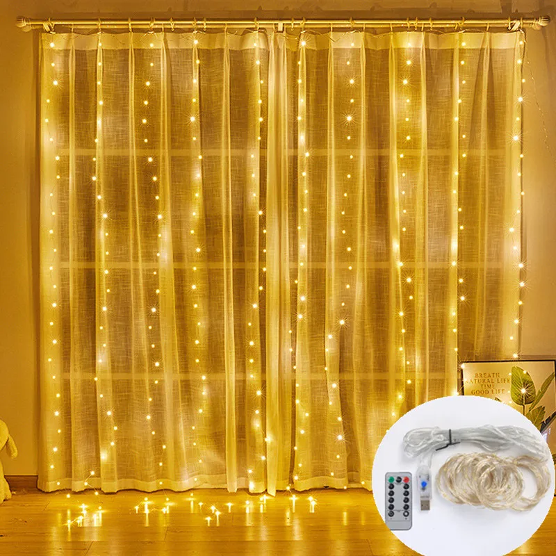

СВЕТОДИОДНАЯ Гирлянда-занавеска С дистанционным управлением, USB-Штора для свадьбы, праздничное украшение для спальни, уличная сказочная ла...
