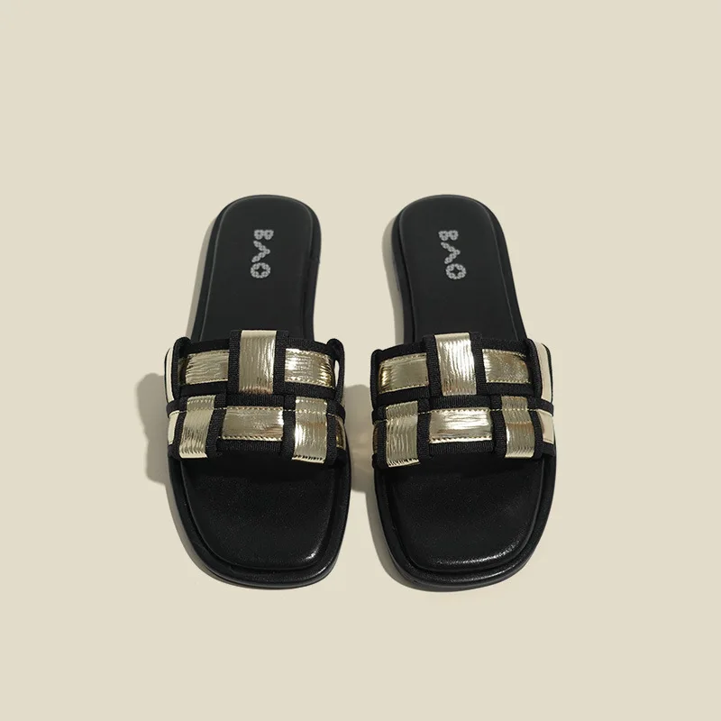 

Square Toe Slippers for Women 2023 Summer New Open Toe Flat Women's Slippers Outdoor Cusual Female Beach Shoes Ladies Sandals