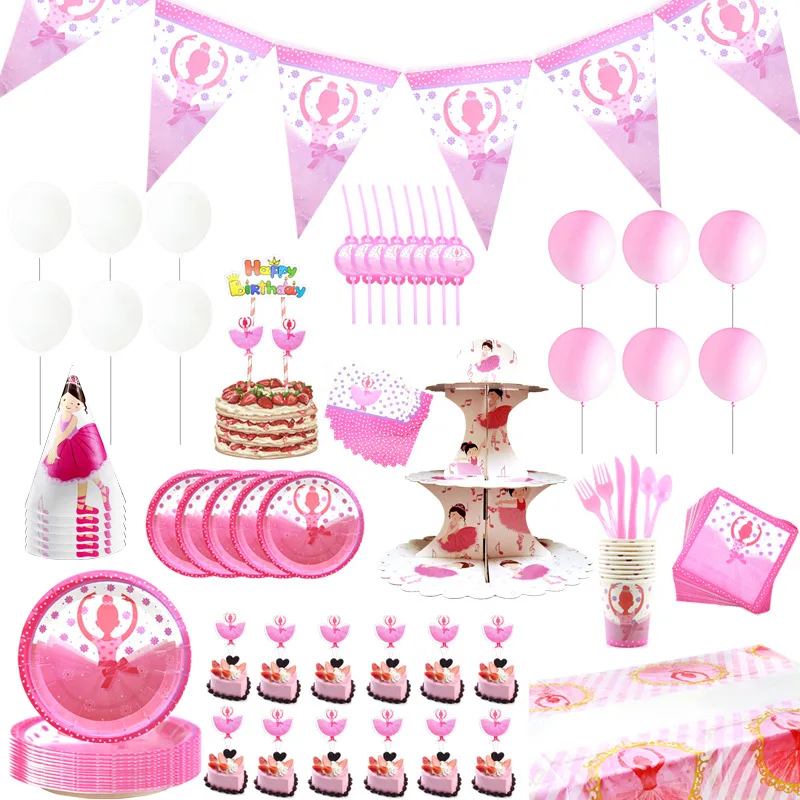 

Ballerina Dancing Girl Party Supplies Disposable Tableware Pink Birthday Napkin Foil Balloons Cup Children Faovr Party
