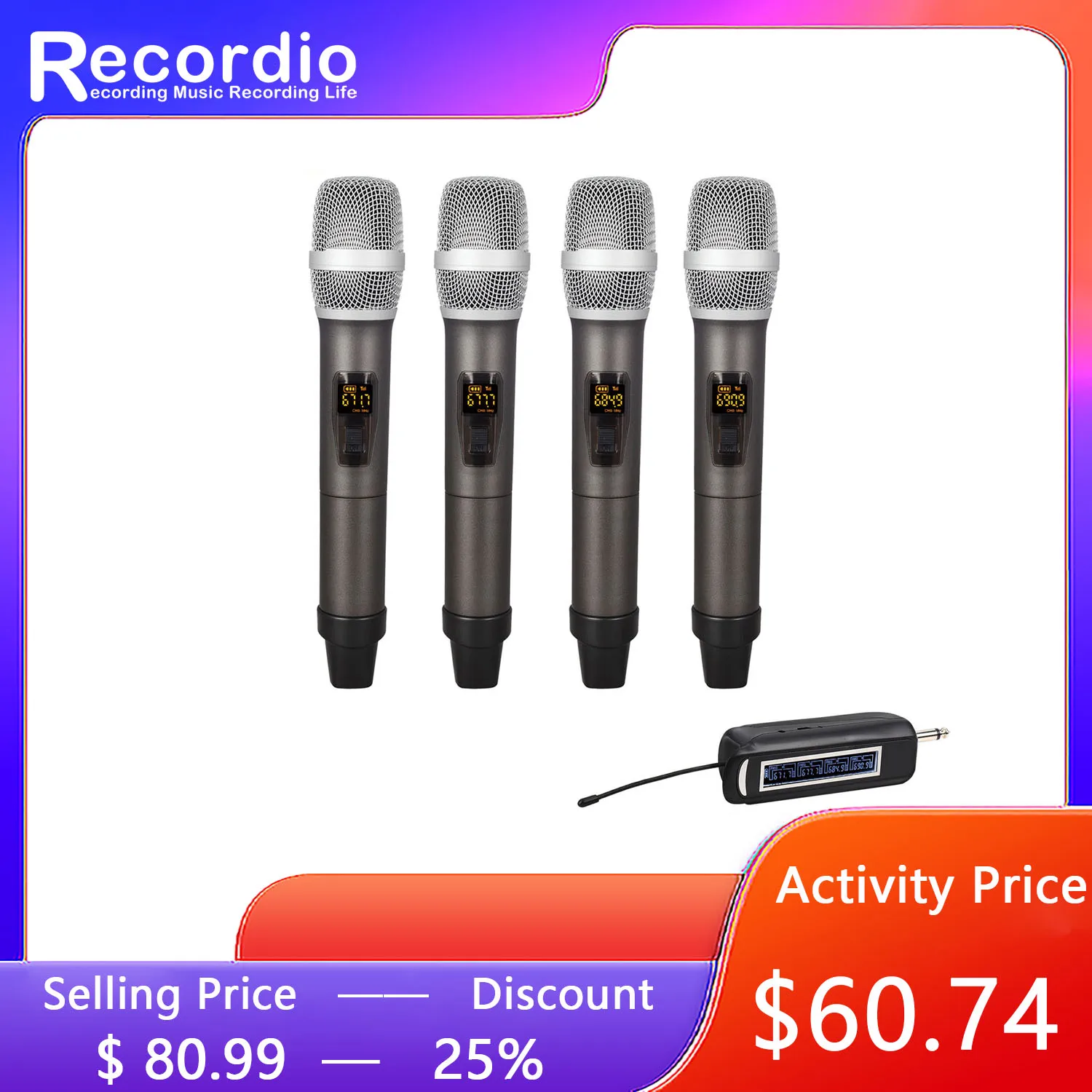 

GAW-RM50 Recordio Wireless Microphone 4 Channels UHF Professional Handheld Mic Microphone For Party Karaoke Church Show Meeting