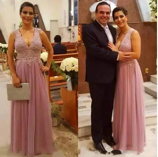 

deep V Neck Lace Chiffon Elegant Floor Length 2018 Wedding Guest Evening Formal Party Gowns Pink Long Mother of the Bride Dress