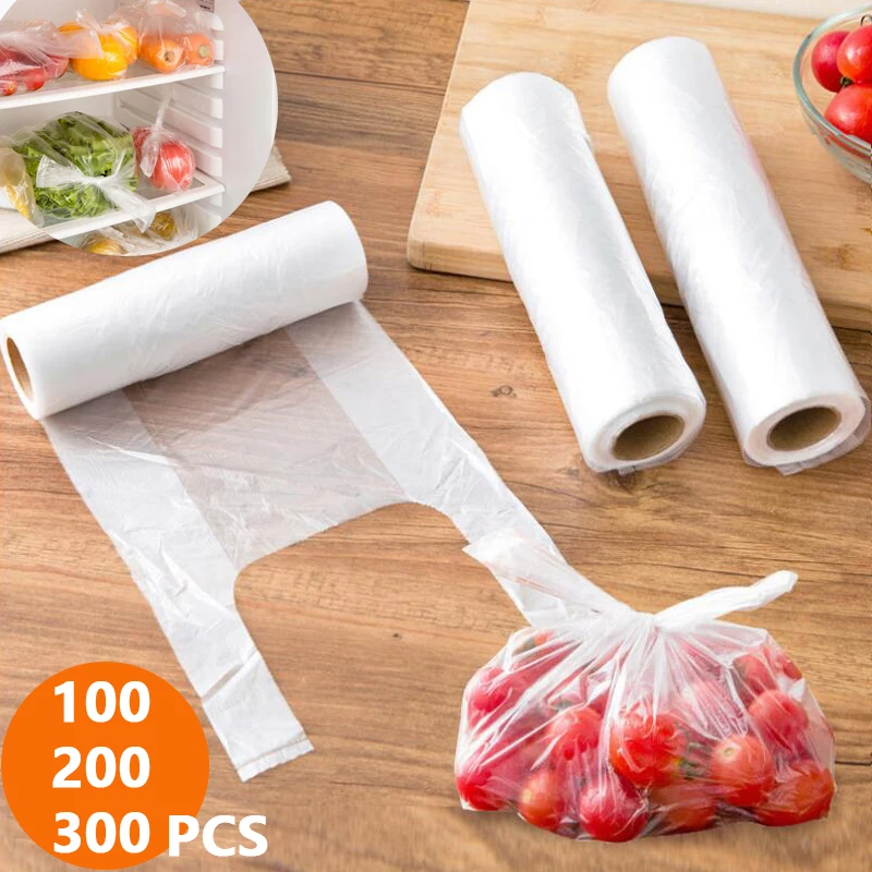 100pcs Diposable Transpare Plastic Bags Roll Fresh-keeping Food Saver Storage Bags Thick Household Bag Refrigerator Organizer