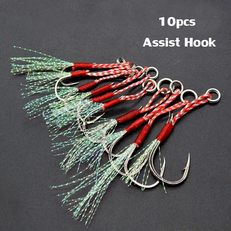 

10pcs/Lot Slow Jigging Fishing Cast Jigs Assist Hook Barbed Single Jig Hooks Thread Feather Pesca High Carbon Steel Fishing Lure