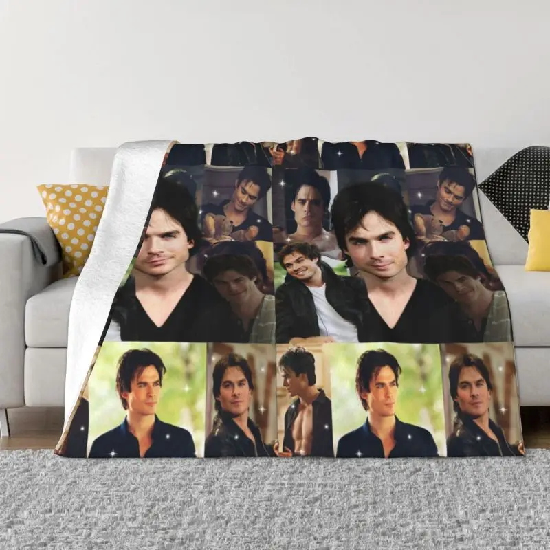 

Damon Salvatore The Vampire Diaries TV Show Blankets Flannel Sprint Stefan Salvatore Collage Throw Blanket for Sofa Home Bed
