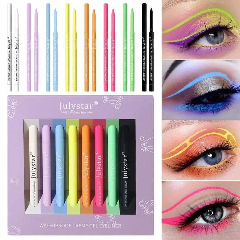 

Fluorescent Colored Eyeliners Set 8pcs Waterproof Multi-Use Long Lasting Gel Eye Liner Makeup Pen For Defined Lines Deepen Eyes