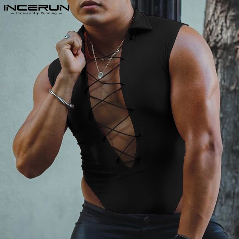 INCERUN 2023 Comfortable Homewear Men Onesies Sleeveless Solid All-match Simple Bodysuits Cross Straps Front Lapel Rompers S-5XL