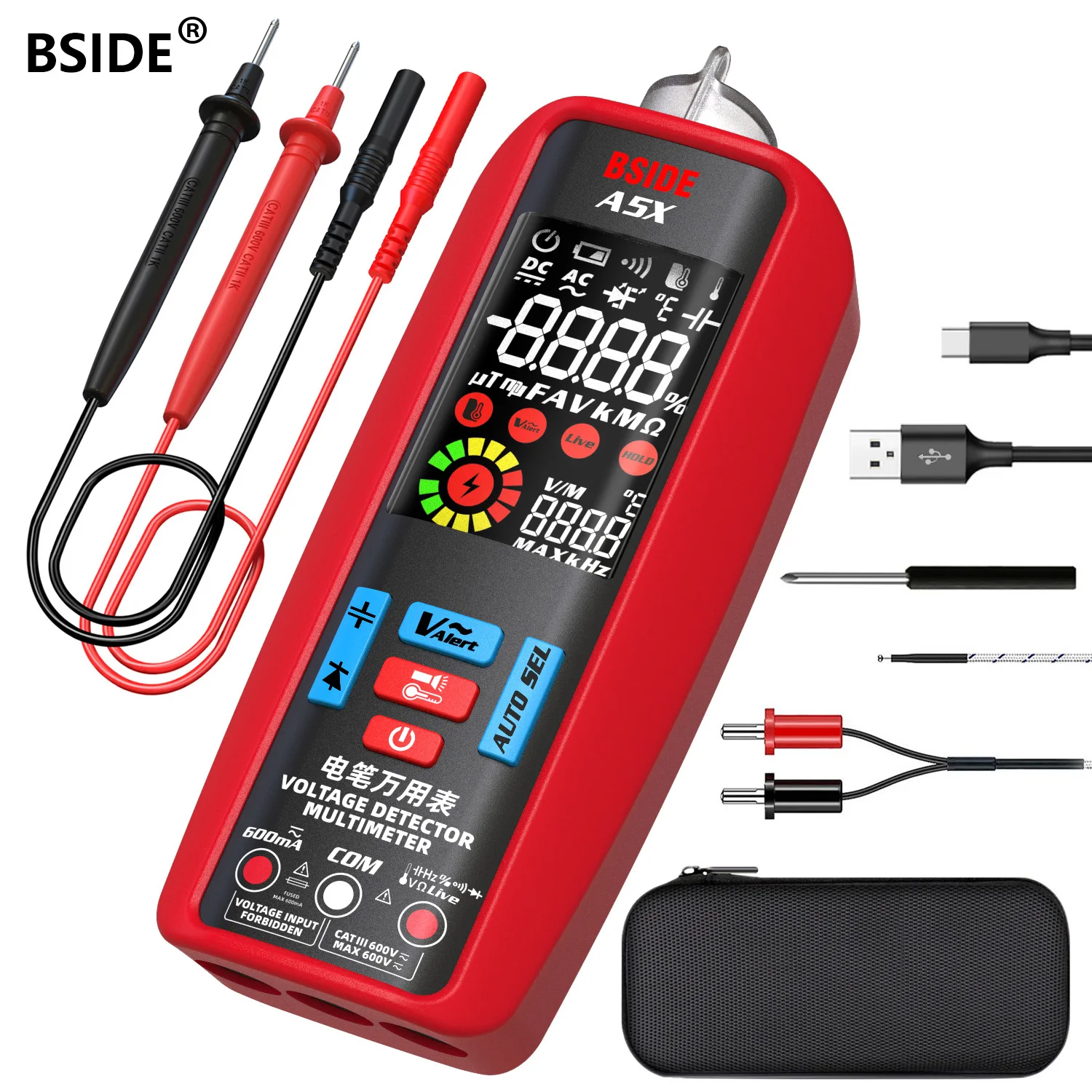 

BSIDE USB Charge Smart Multimeter Digital Multimetro DC AC Current Voltage Tester Auto Range Capacitance Ohm Diode Temp Hz NCV