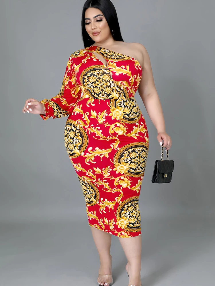 Plus Size Floral Print Bodycon Dress Women 2022 One Shoulder Midi Robes Femmes Printed Hollow Out Sheath African Vestidos Summer
