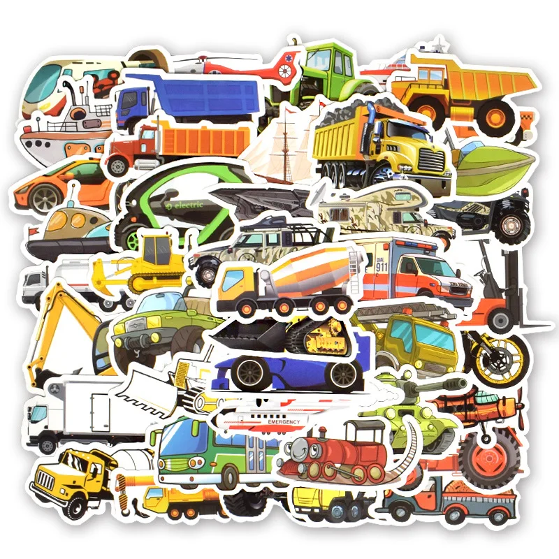 

50 PCS Transportation Cartoon Sticker Car Ship Aircraft Construction vehicle Sticker for DIY Kids Toy Room Learning Traffic Tool