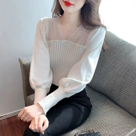 

Белый шифоновый пуловер для девушек и женщин, женский свитер, Корейская блузка, вязаные топы, женские свитера, осенне-весеннее пальто, тканевая одежда