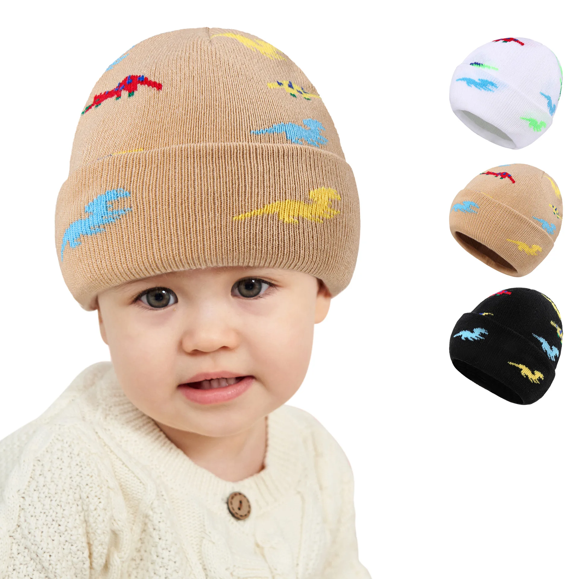 Baby Knitted Hat Autumn Winter Boy Girl Toddler Cotton Embroidery Cartoon Dinosaur Crochet Bun Beanie Bonnets  Gorro Bebe