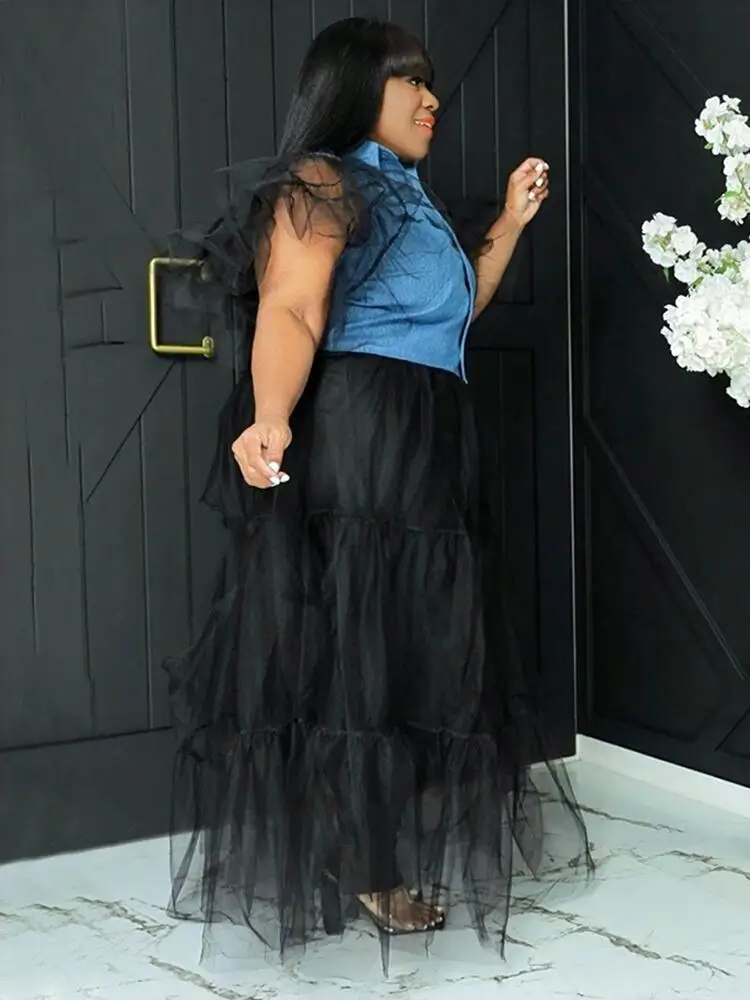 Summer Women Plus Size Clothing Large Size Dress Denim Patchwork Mesh Long Dress Short Sleeve Dress Shirt Wholesale Dropshipping