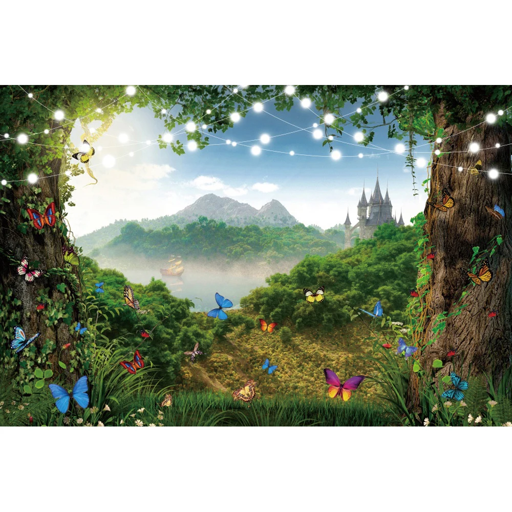 

Fairy Tale Forest Castle Photographic Background Jungle Glitter Butterfly Baby Shower Birthday Party Decor Photography Backdrops