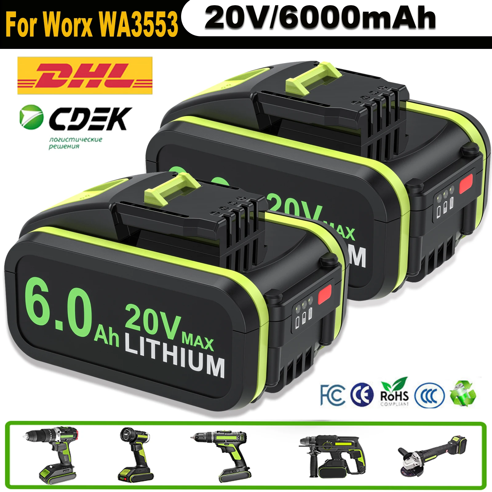 Фото Аккумулятор 20В 6.0Ач, для беспроводных электроинструментов Worx WA3553, запасные батареи WA3572 WA3553 WX390 WA3551 WX176 WX178 №1