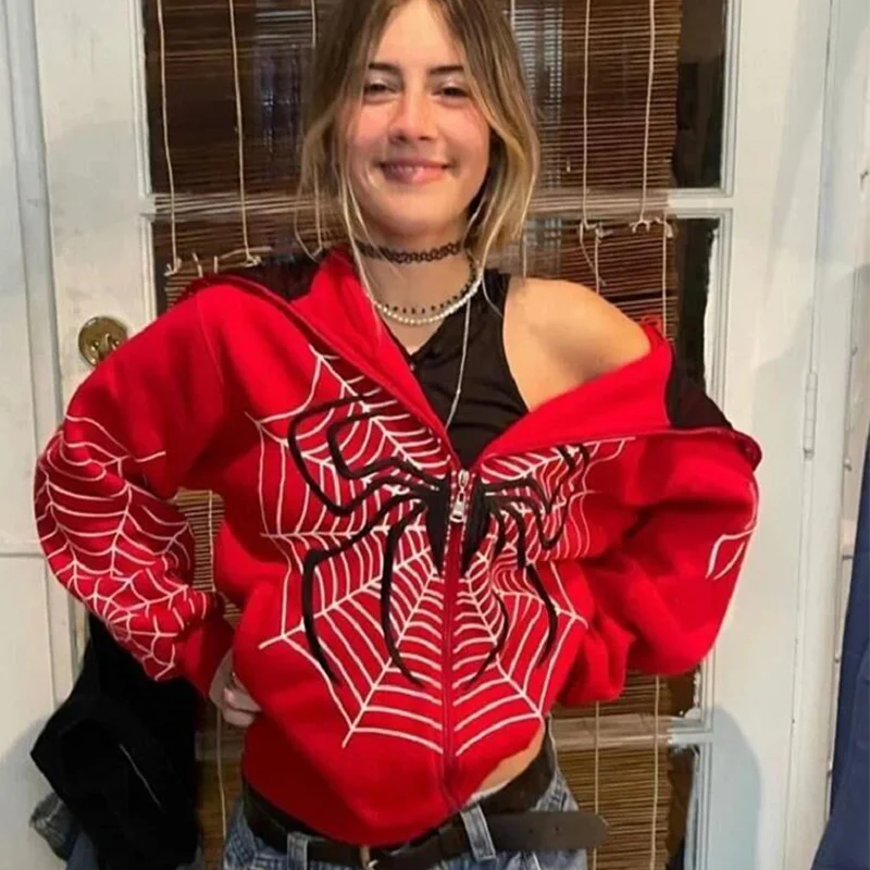 

Y2k Emo Streetwear Hoodie Spider Web Red Zip Up Hoodies Grunge Oversized Sweatshirt Gothic Harajuku Alt Jackets Women Clothes