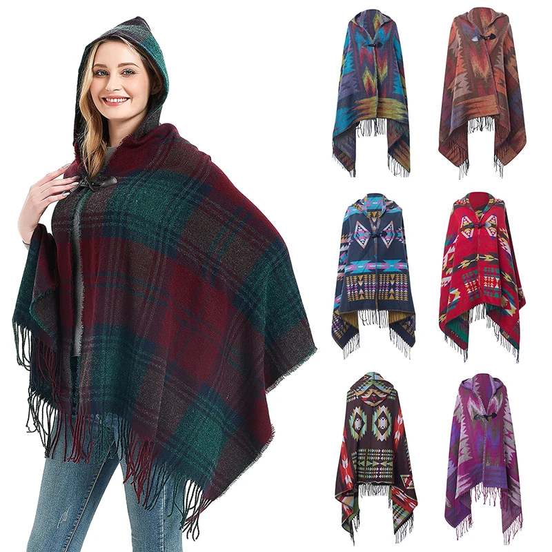 

Winter Women Hooded Shawls Striped Tassels Knit Scarves Warm Batwing Cape Poncho Cloak Jacket Coat Outwear Bohemian Sweater