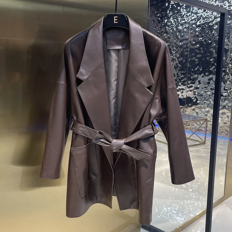 

2023 Spring Chic Women's High Quality Brand New Designer Sheepskin Genuine Leather Belt Blazers Jackets C545