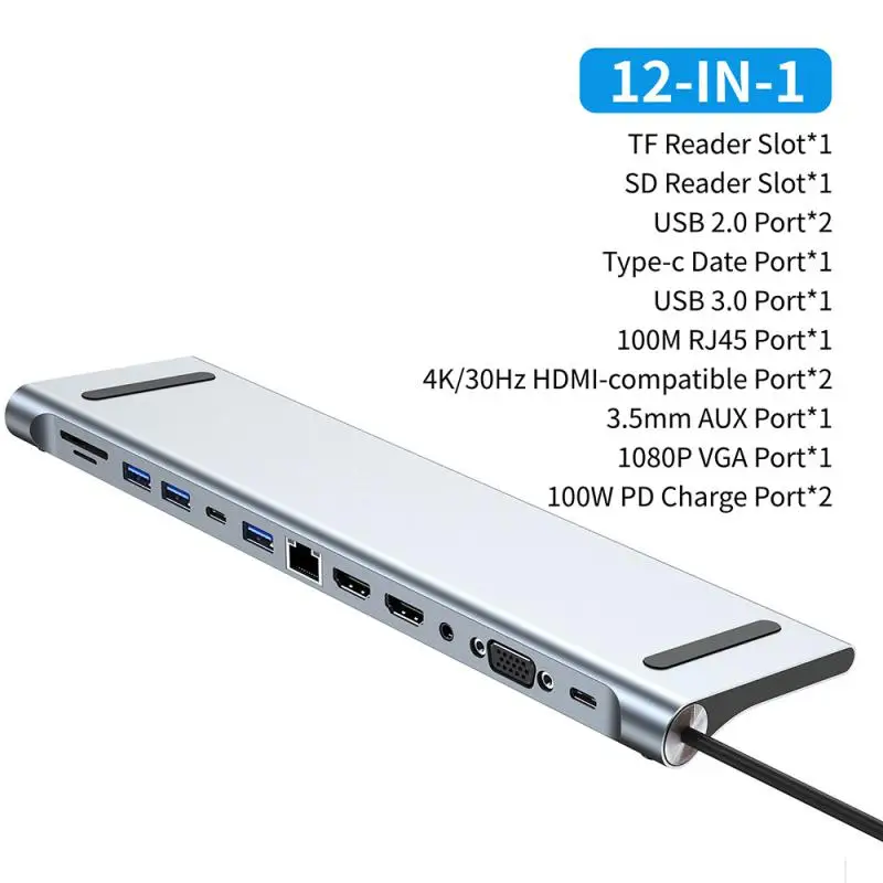 

USB-концентратор 12 в 1 с разъемами типа C и USB 3,0, 4K, RJ45, VGA, 3,0 мм