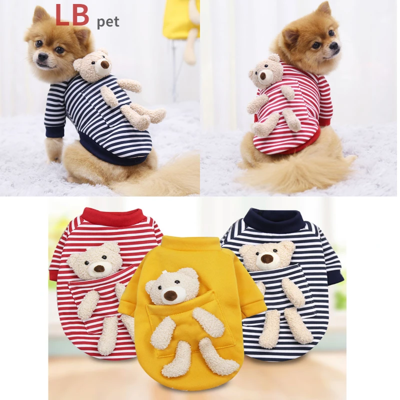 

Одежда для собак, милая плюшевая рубашка в полоску с медведем, модная женская одежда с рисунком, товары для домашних животных, одежда для соб...