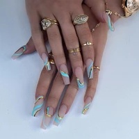 long golden lines reusable false nails press on decoracion fake nail supplies for professionals nails accessories nail art 24pcs