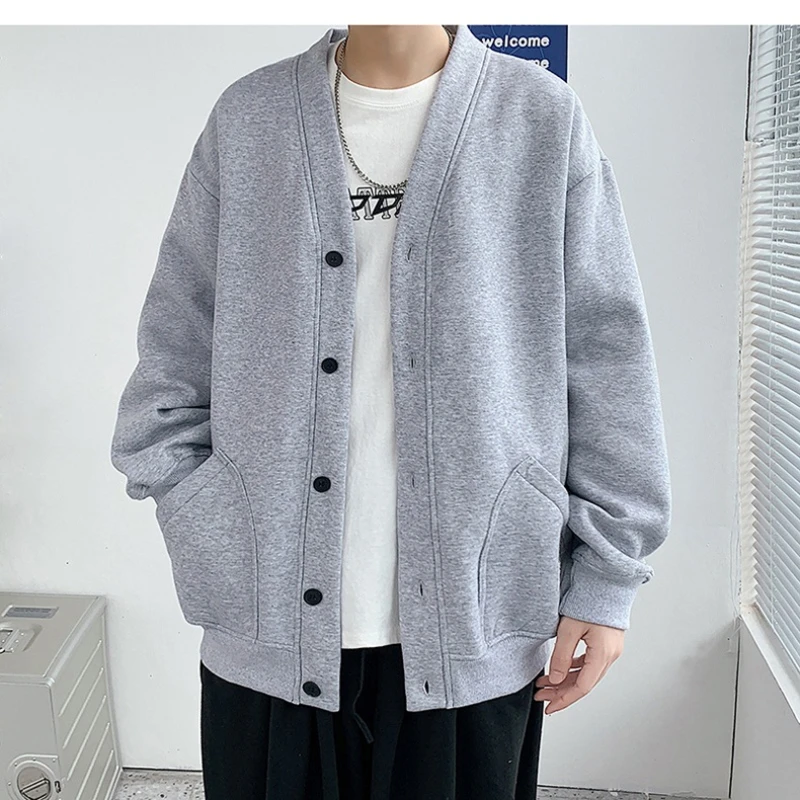 2022 Autumn New Hong Kong Style Fashion V-neck Loose Casual Solid Color Simple Single-breasted Cardigan Sweater Men's Trend