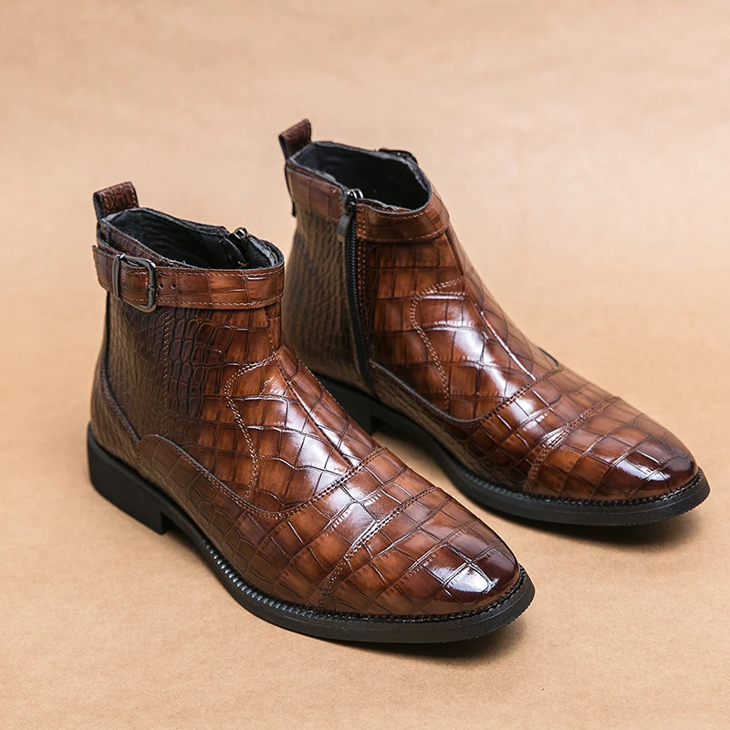 

Fashion Buckle Leather Boots Men Shoes Crocodile Pattern Ankle Boots Oxfords Shoes Leather Dress Business Men Boots