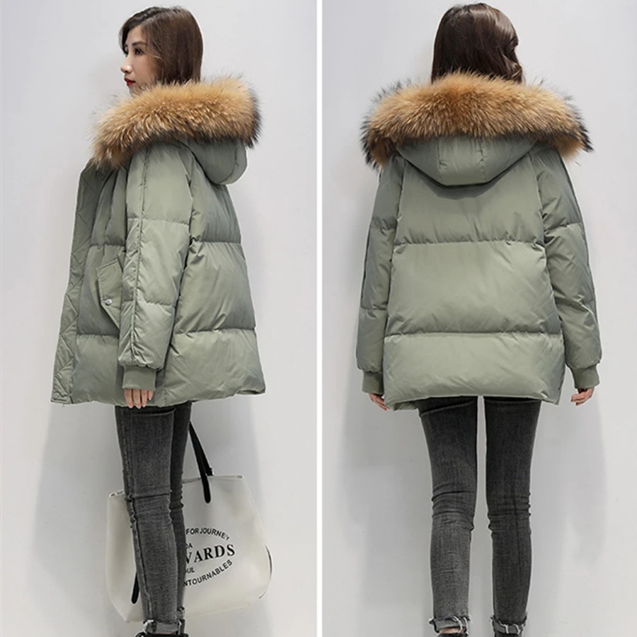 Winter Faux Fur Collar Hooded Mid-length Parkas Women Thick Down Cotton Overcoat Warm Outwear Korean Snow Coats Loose Jackets
